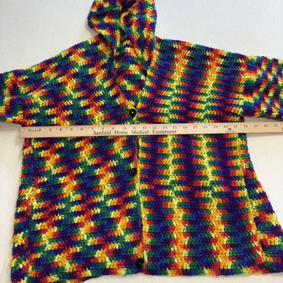 Vtg crochet Cardigan‎ Bold Colors Handmade Hooded Retro Artsy women’s SzM - Picture 8 of 10